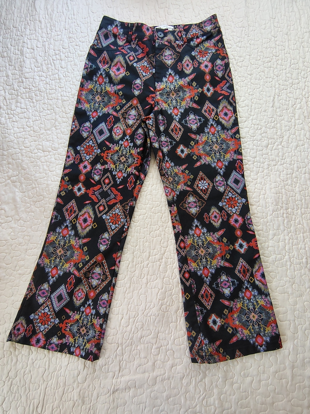 Zara Black Floral Geometric Print Pants with Multicolor Accents Size M